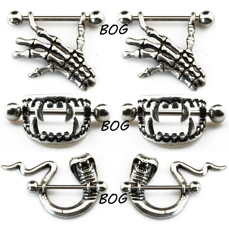 Bog-Lot 3 Pairs Sexy Bite Kły Vampire Fang Sutek Tarcza I Szkielet Ręka Z Czaszką Sutek Pierścień I Wąż Piercing Biżuteria 14G
