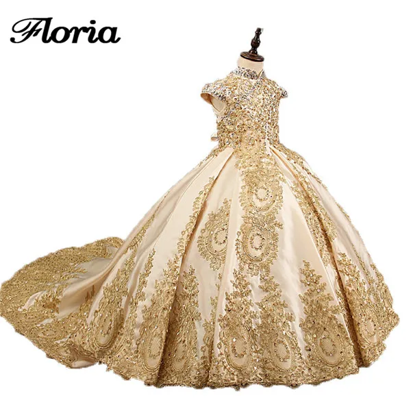 Vestido daminha/платья с золотыми цветами для девочек на свадьбу, Детские вечерние Длинные бальные платья с бисером пышные платья для маленьких девочек со шлейфом - Цвет: same as picture
