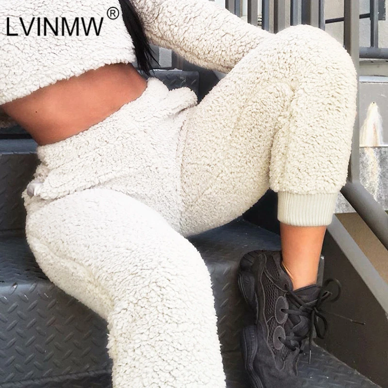 

LVINMW White Casual Flannel Elastic Loose Pants 2019 Autumn Winter Women High Waist Warm Cargo pants Female Streetwear Trousers