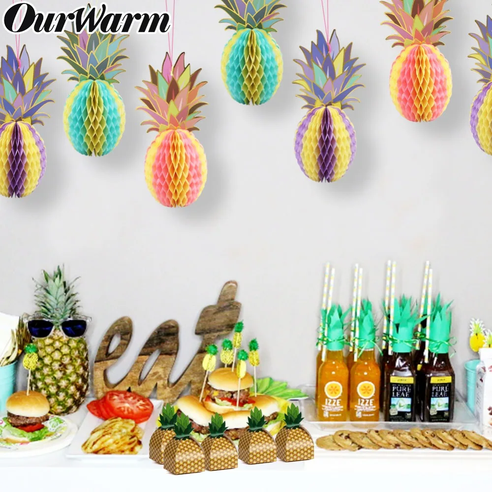 

OurWarm Luau Hawaiian Party Hanging Decoration Pineapple Candy Box Pineapple LED Lamp String Pineapple Tissue Paper Honeycomb