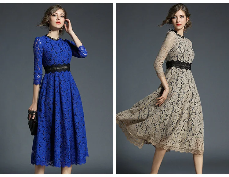 Ryseleco Hot Office Lady Solid Round Neck Fashion Hollow Out Empire Women Work Casual Mid-Calf Dress Patches Floral Lace Vestido