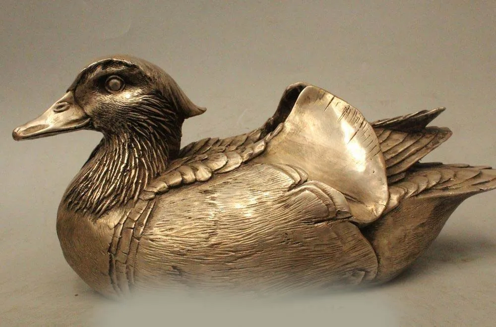 

DS 12" China Folk Tibet Silver Mandarin Duck Aix Galericulata Statue Sculpture