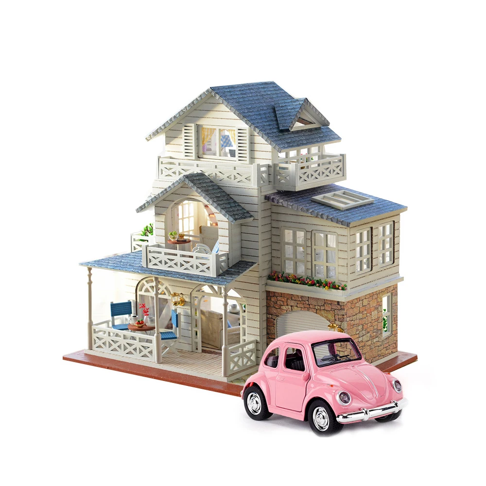 

Nordic Town Miniature Villa Dollhouse Furniture Kits DIY Wooden Dolls House Pink Car With Music And LED Lights Christmas Gift