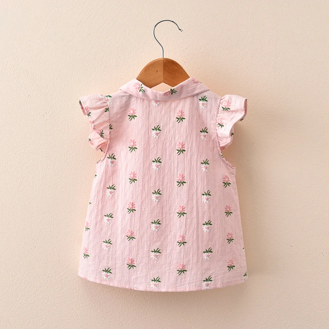 Girls Summer 2018 New Children’s Shirt Floral Short Sleeve Flying Sleeve Tops Children’s Summer Cardigan Shirt, Blue/ Pink