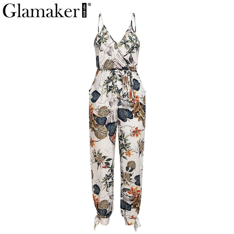 Glamaker Floral print women jumpsuit&romper Sexy V neck backless boho jumpsuit Women split belt spring party playsuit overalls