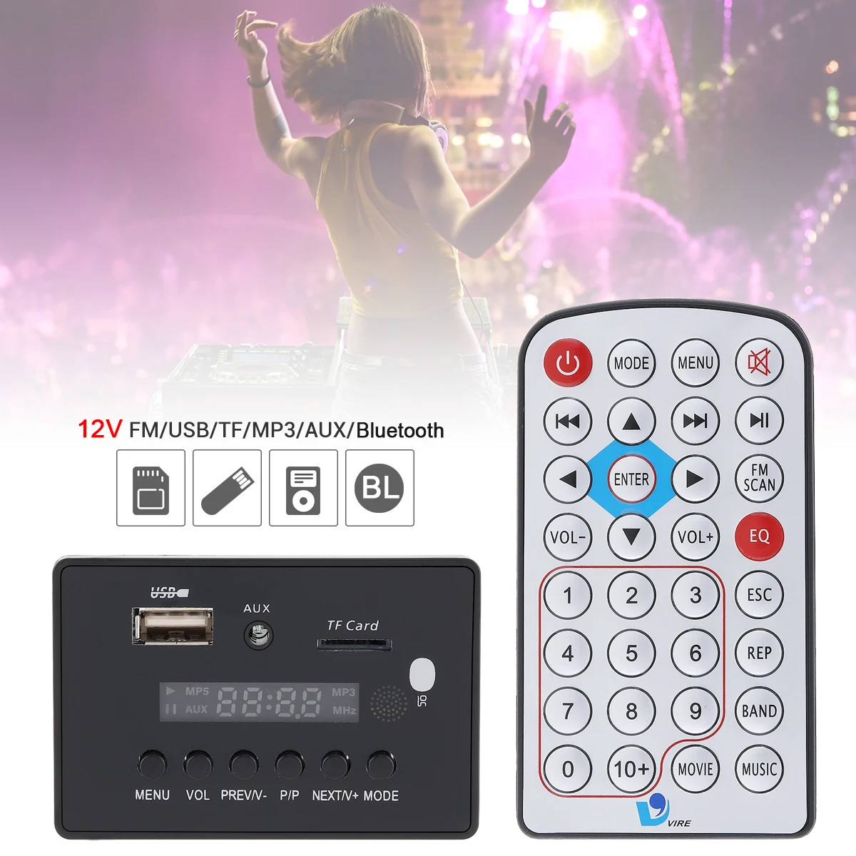 

12V DTS Bluetooth Car Audio Video Player Decoder Board USB TF AUX FM Radio MP3 MP4 MP5 Player with Remote Control for Cars