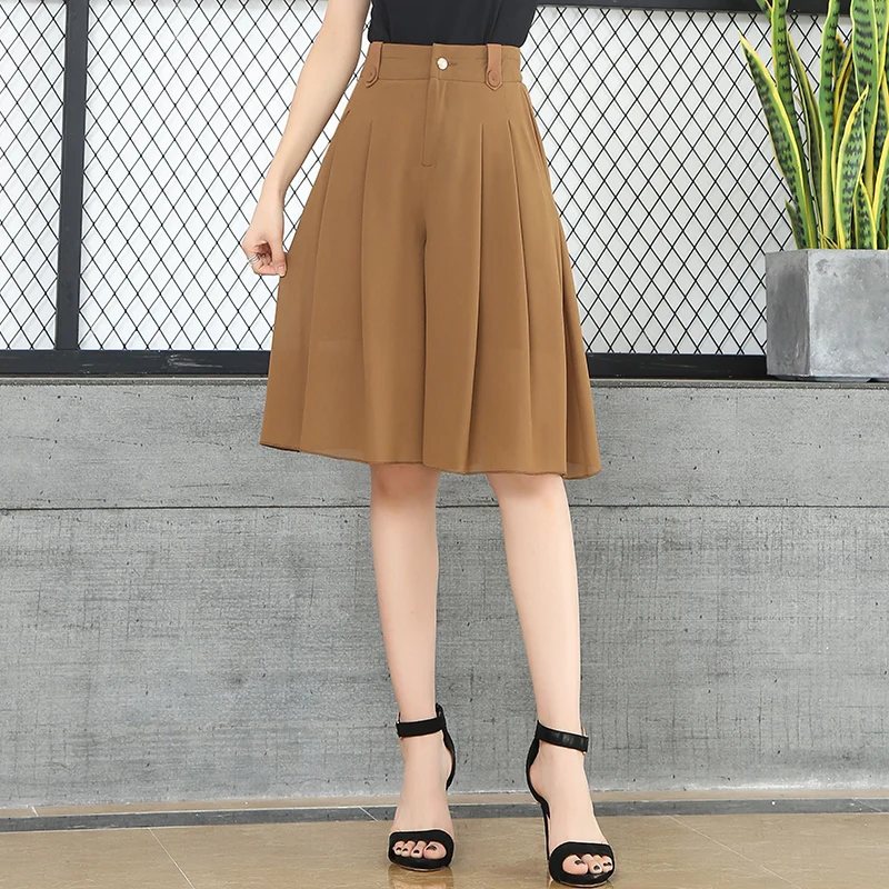 4XL Летняя Высокая талия черная хаки женская элегантная юбка шорты корейская мода лук шифон женский пляж широкие ноги шорты HotPants - Цвет: khaki zipper waist