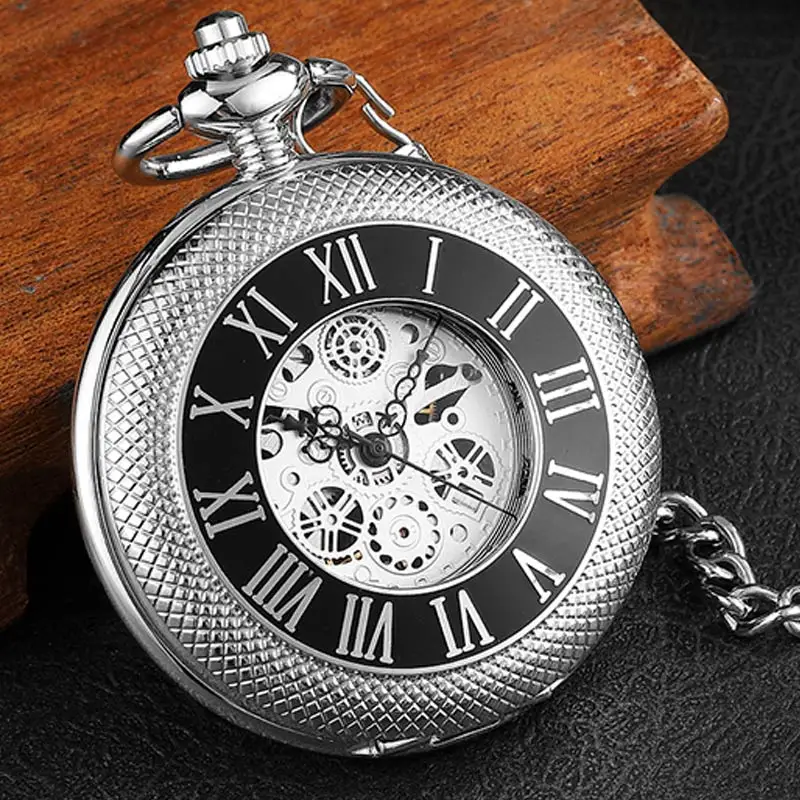 

Silver Engraved Hand Wind Mechanical Pocket Watch For Men Women Vintage Steampunk Fob Skeleton Watch Male Roman Numerals Gift