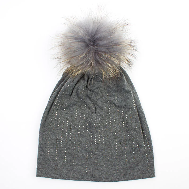 Dark Grey B Geebro осень женские круглые стразы Кепки из хлопка женские шапочки шляпа настоящий натуральный мех енота помпоны зима теплый помпон шляпа - Цвет: Dark Grey B