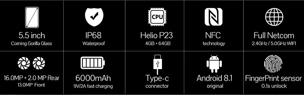 Cubot King Kong 3 IP68 водонепроницаемый прочный телефон NFC 6000 мАч большая батарея Android 8,1 4 Гб+ 64 Гб type-C Быстрая зарядка MT6763T Восьмиядерный