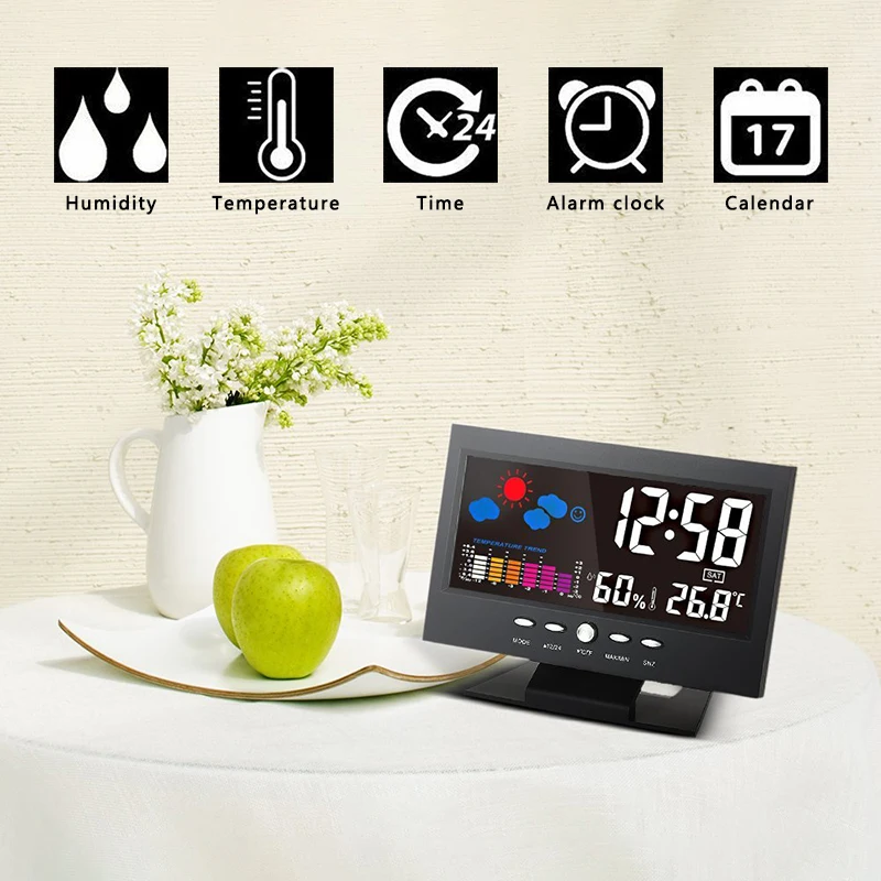 Multifunction Temperature Table Thermometer LED Square Digital Projection Alarm Clock Loud Snooze Calendar Weather Color Display