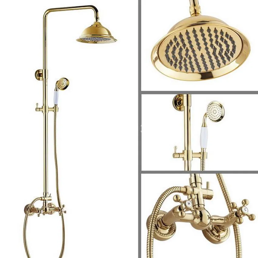 Kopen Douche Kranen Goud Messing Badkamer Douche Mengkraan Kraan Set Regendouche Ronde Wandmontage agf333