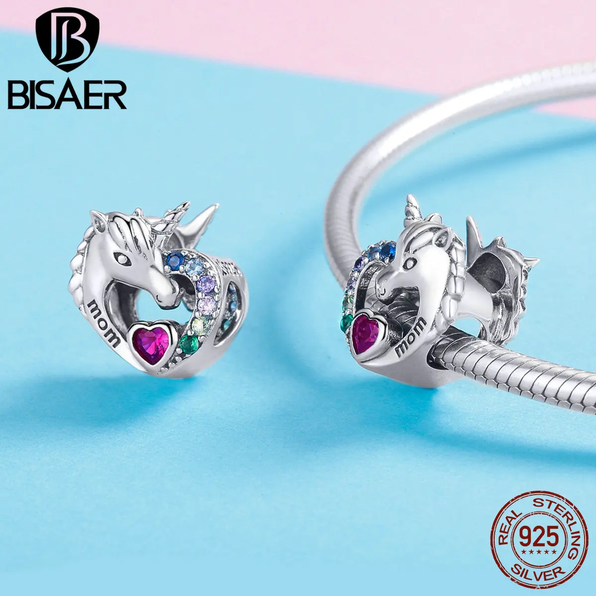 BISAER 925 пробы серебряный единорог Единорог бусины чистая любовь животные Любовь Сердце талисманы подходят для мам браслеты серебряные ювелирные изделия ECC1160