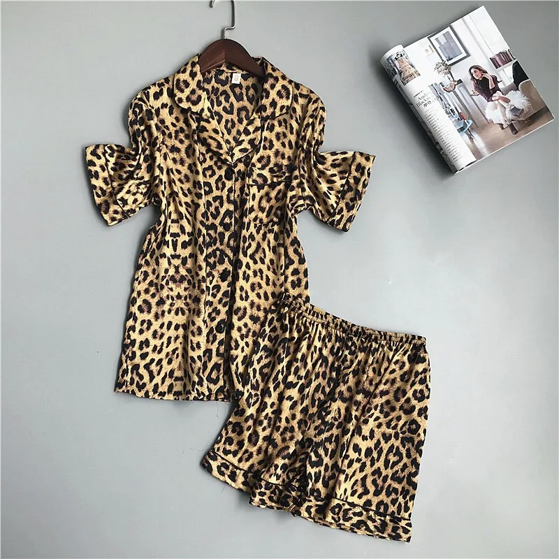 2 шт. женский пижамный комплект сексуальный леопардовый принт лето новые женские ночное белье, шелк, сатин отложной воротник v-образный