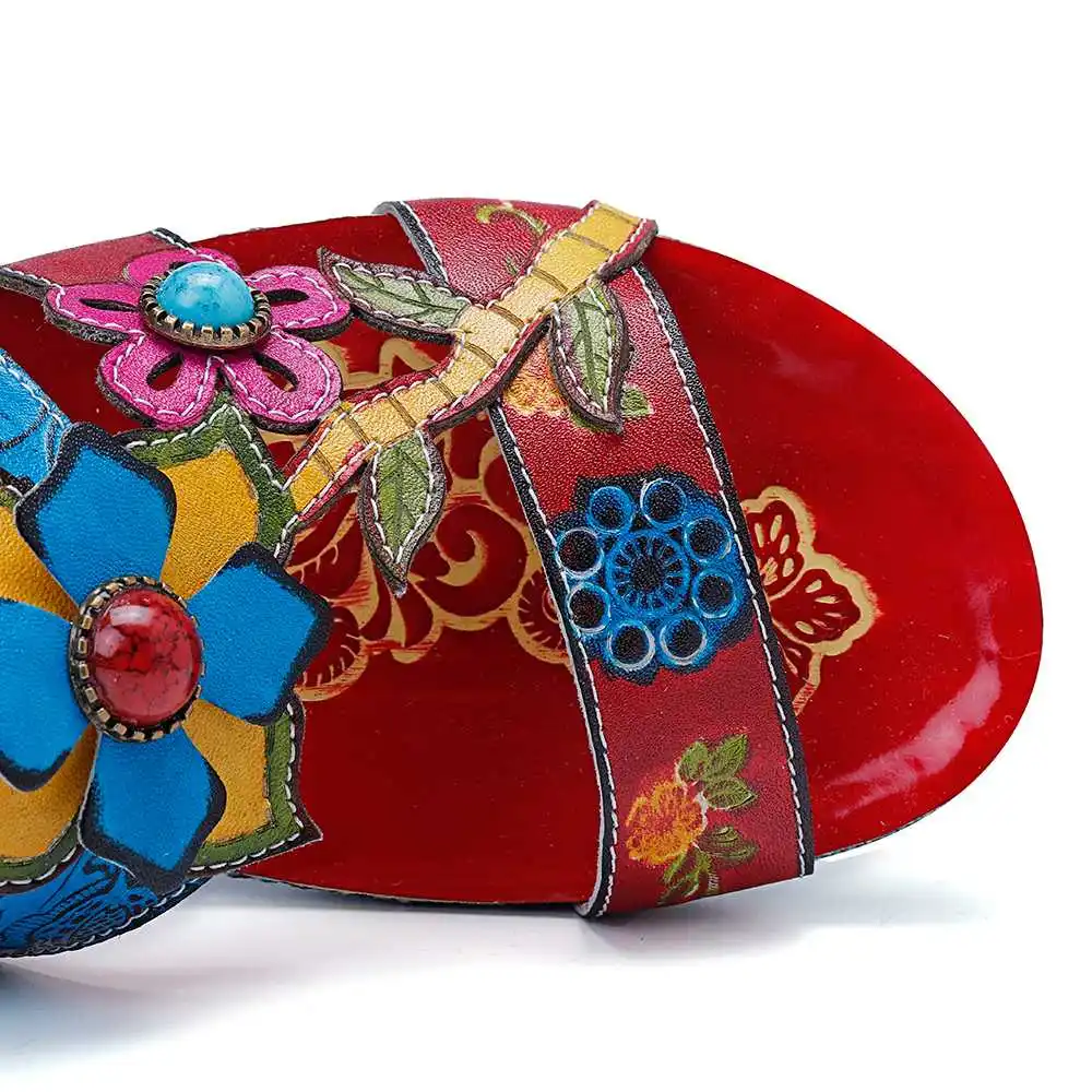 SOCOFY/мягкие сандалии из натуральной кожи в богемном стиле; ручная роспись; с цветочным узором; на застежке-липучке; Летняя обувь; женские сандалии в стиле ретро