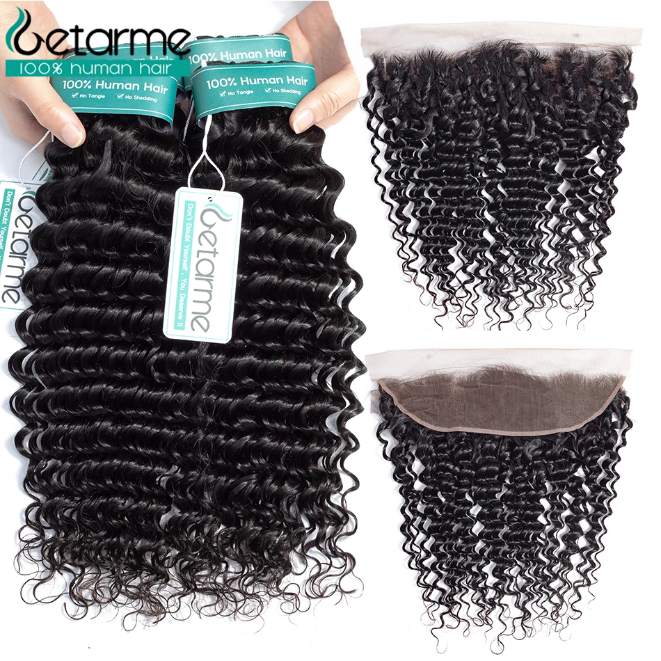 Getarme Malaysian Deep Wave 13x4 Lace Frontal with Bundles Non Remy Human Hair Bundles With Closure Natural Color