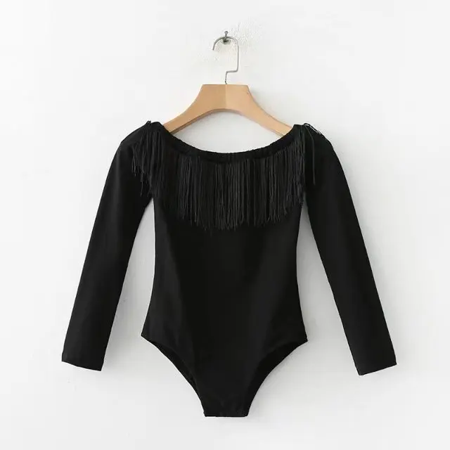 Black Vintage Slash neck Tassel Bodysuit Women Jumpsuit Leotard Body