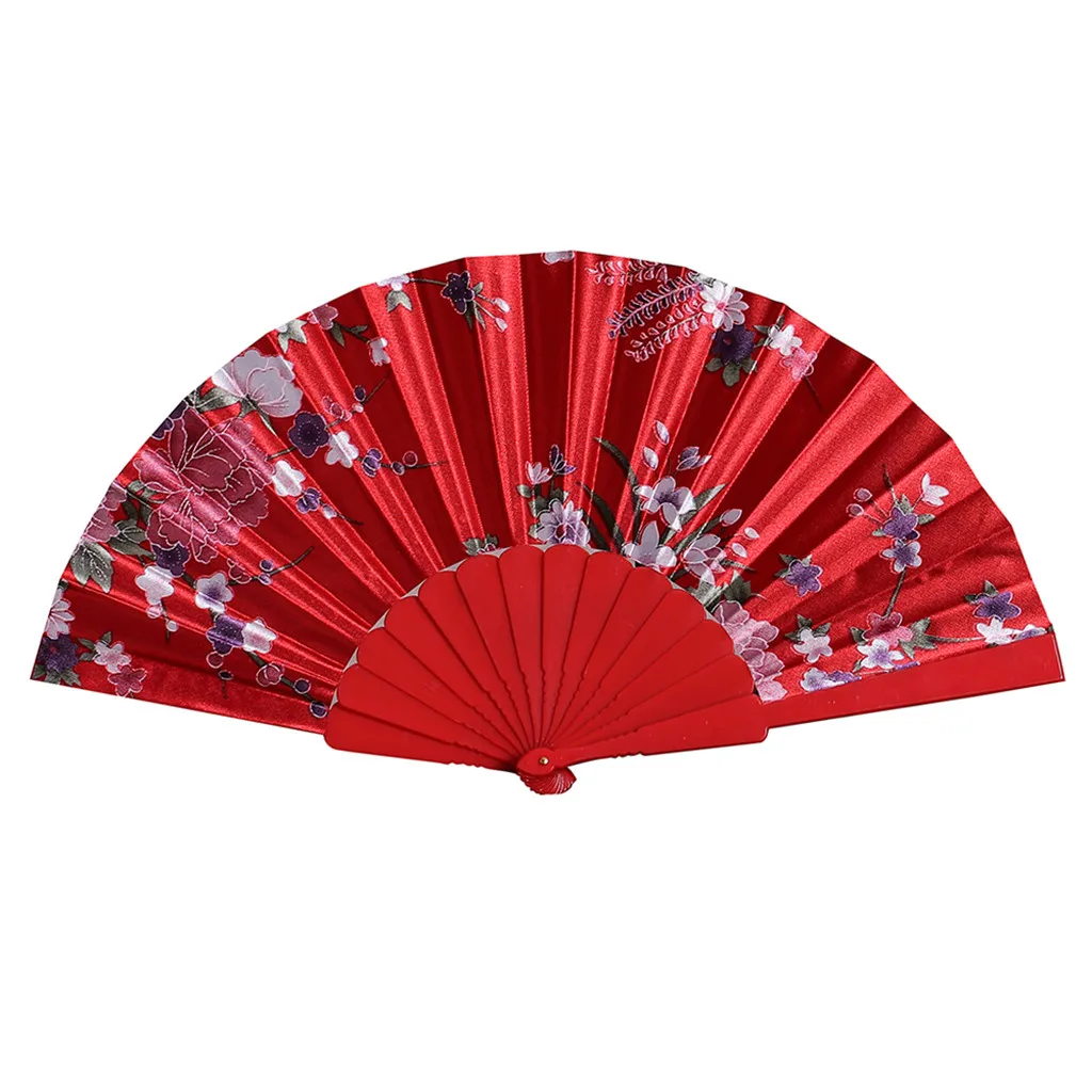 Складные веера в стиле ретро с принтом в китайском стиле для танцев, свадьбы, Ручной Веер с кружевом, декоративные вееры с цветами, abanico, Прямая поставка - Цвет: Красный