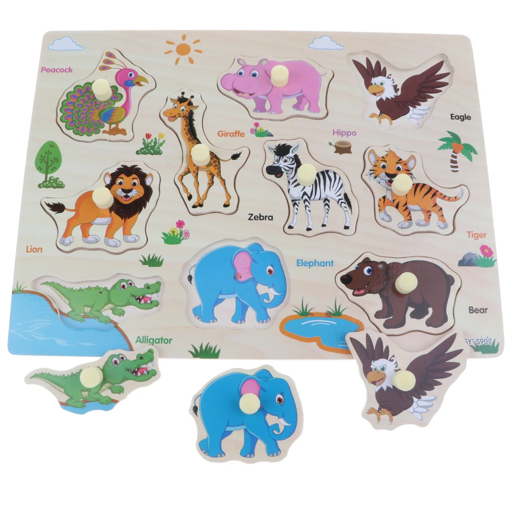 2 Sets Wooden Peg Puzzle Jigsaw Educational Toys for 1-4 Year Olds Baby Toddlers - Zoo & Farm Animals