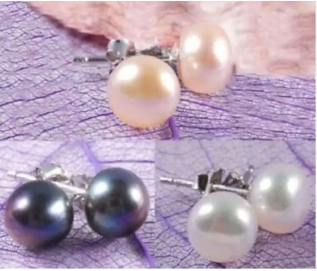 

3Color Wholesale Genuine Cultured Pearl Silver Stud Earrings AAA