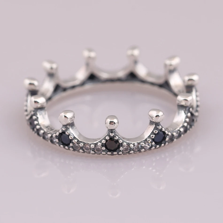 

Authentic S925 Sterling Silver Women Jewelry Lady Ring Girl Birthday Gift Pink Enchanted Crown Ring Clear CZ & Black Crystals