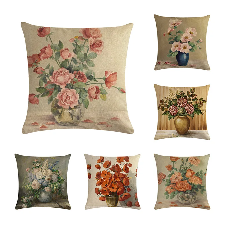 

Western Classical Flower Cushion Cover Oil Painting Advanced Gray Tone Pillowcase Studio Flower Pillow Square Fittings 18inx18in