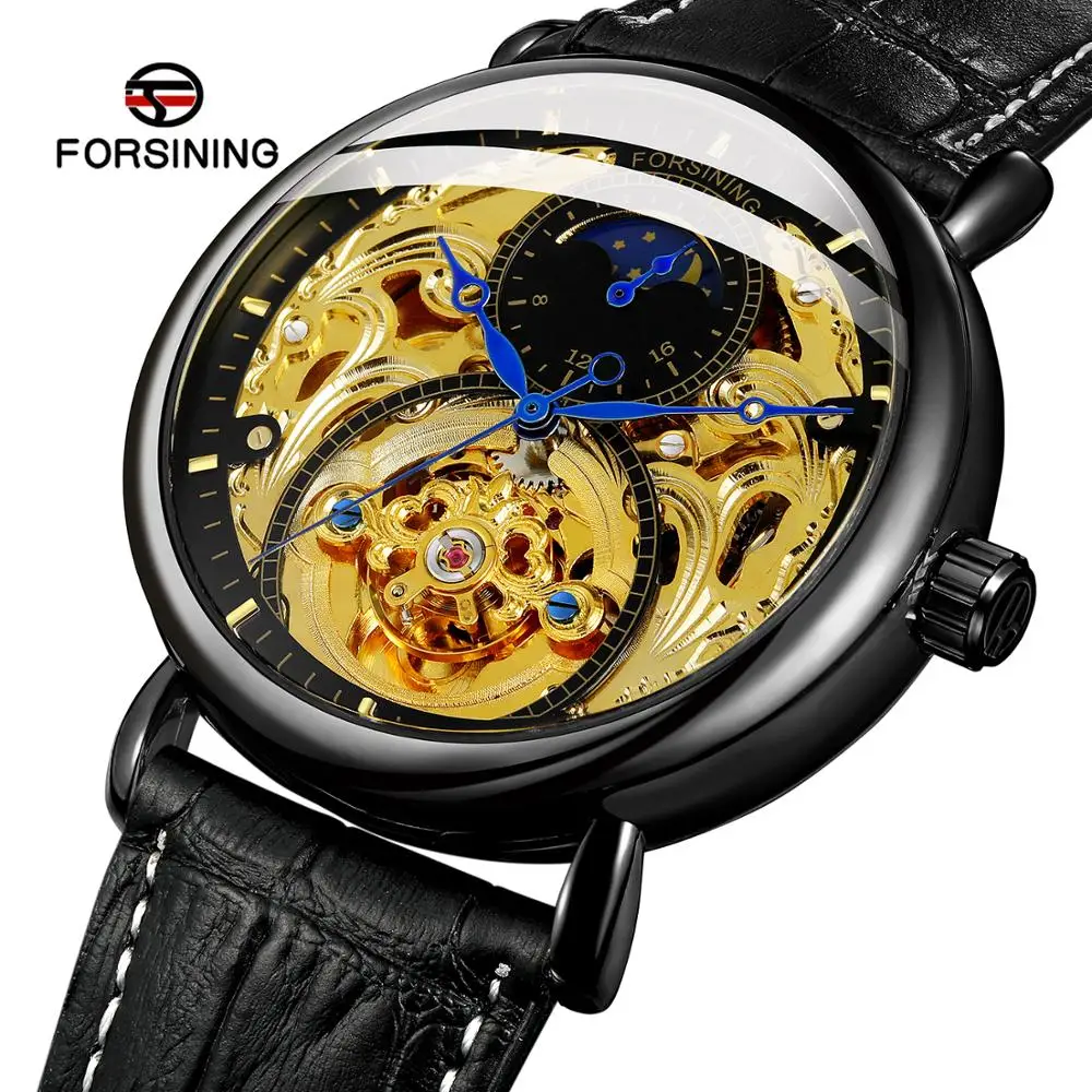 

Forsining Black Golden Genuine Leather Moonphase Design Blue Hands Mens Mechanical Watch