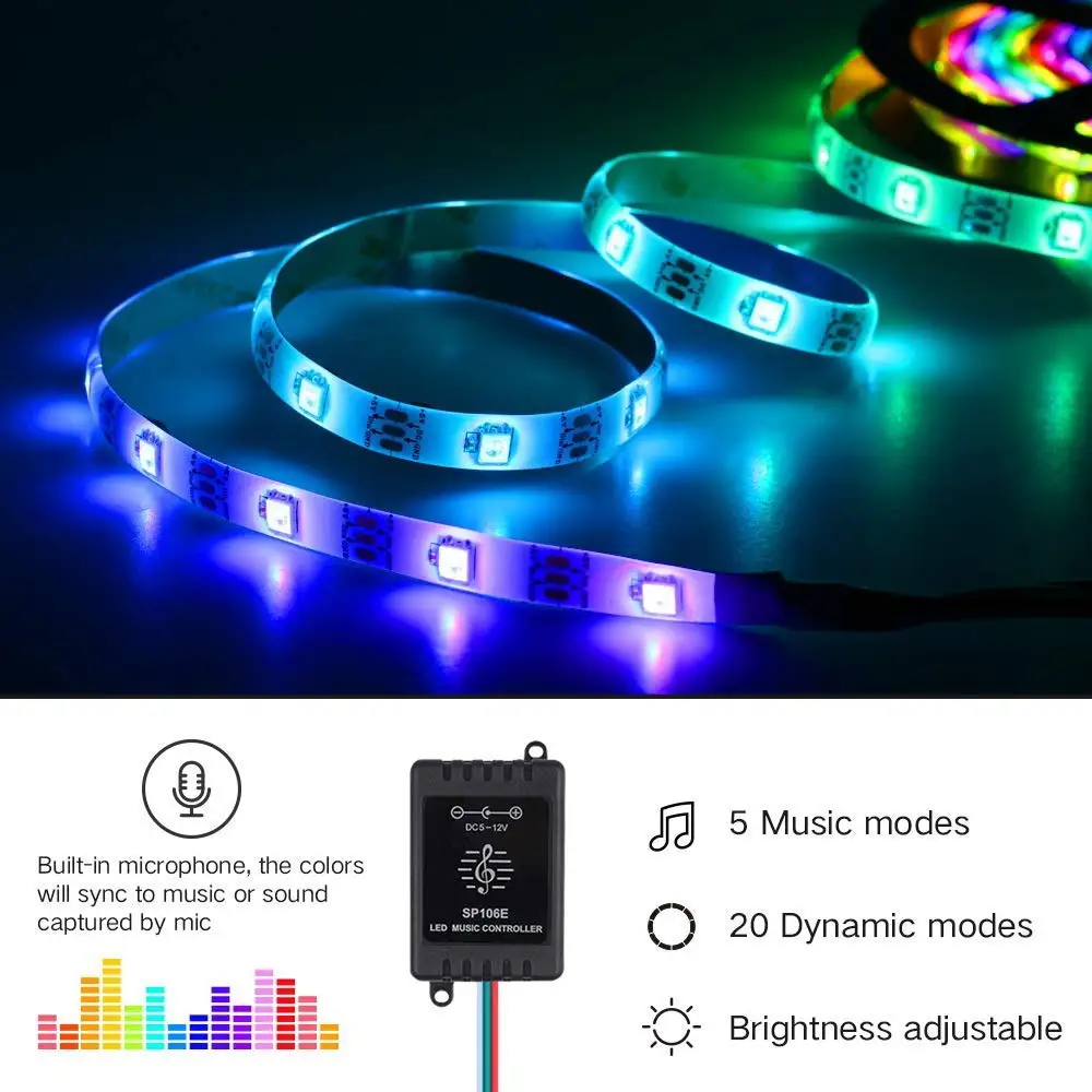 Светодиодная лента Dream Color Music 5050 12V 150 LED Встроенный IC 16.4ft Синхронизация с музыкой