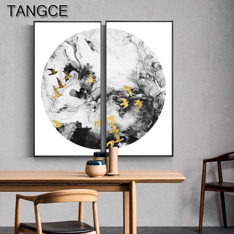 

New Chinese Style Splash Ink Mountain Painting Golden Birds Posters Prints Picture for Living Room Study Creative Wall Art Decor