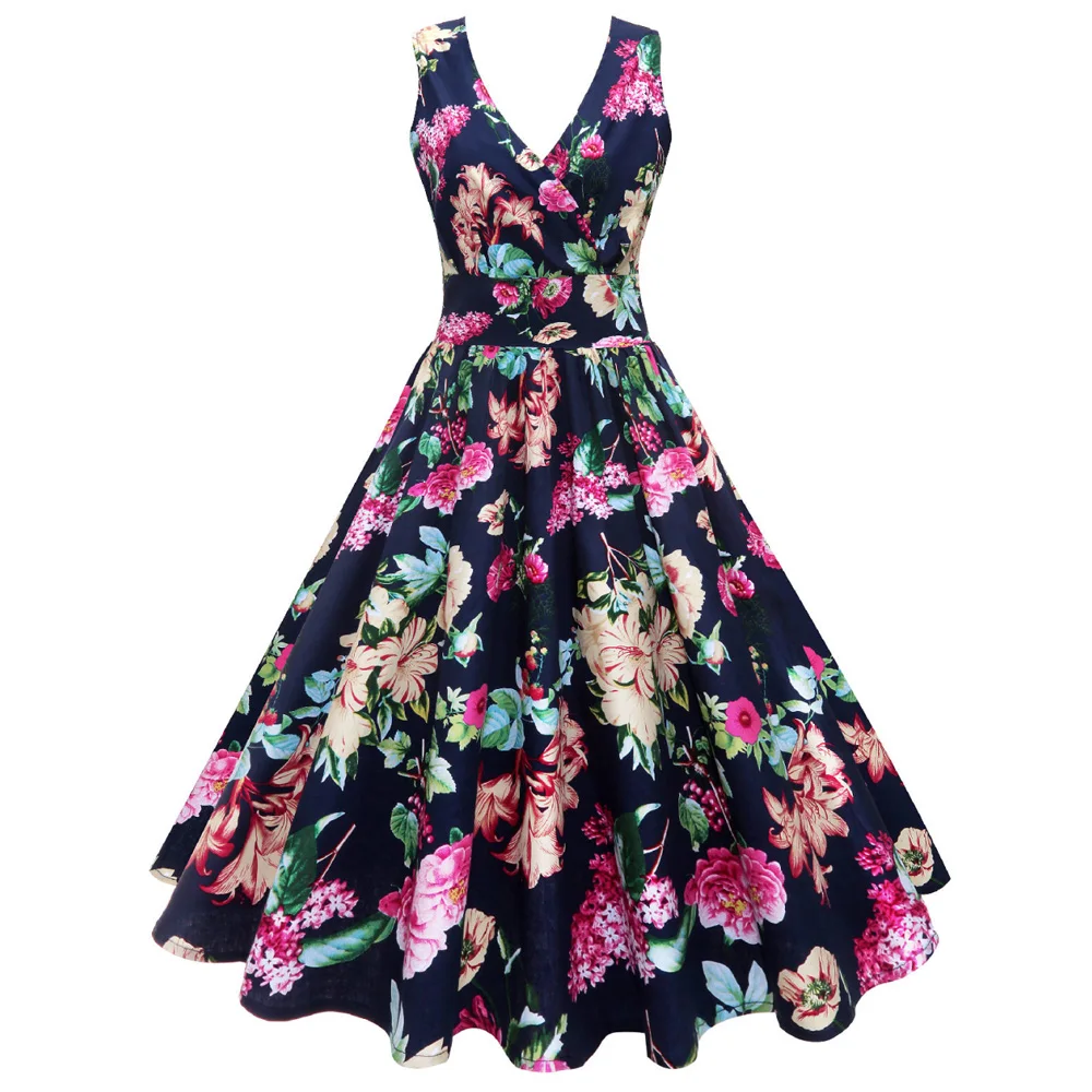 

Joineles Plus Size Floral Print Summer Women Retro Dress 60s Wrap High Waist Vintage Dress Party Vestidos XL~5XL Cotton Dresses