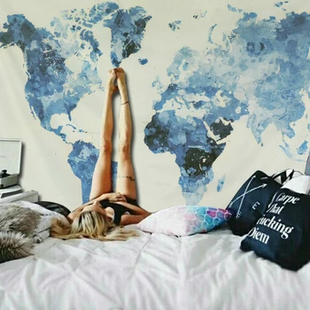 

Watercolor World Map Tapestry Quality Wall Hanging Fabric abstract watercolor map Tapestry Cloth Blue Curtain Thin Beach Towel