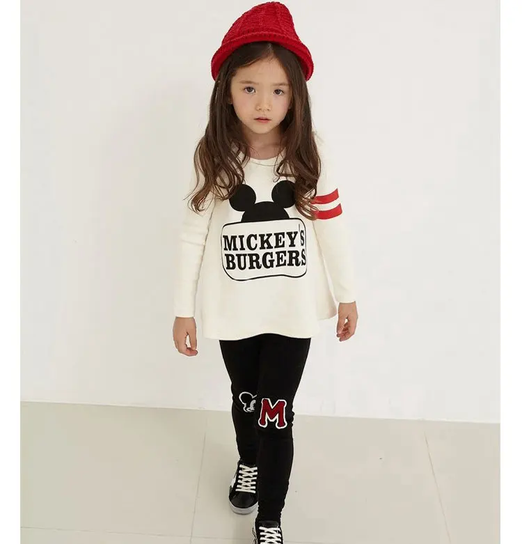 Одежда для маленьких девочек с длинными рукавами и рисунком Микки Мауса; осенние комплекты одежды для девочек; vestidos; футболка+ брюки; комплект из 2 предметов - Цвет: TZMQ02-white