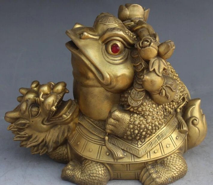 

bi003600 8" Folk Chinese Bronze Money Wealth Dragon Turtle Golden Toad Spittor Statue