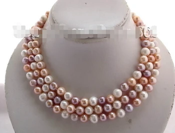 

FREE shipping>>>>3strands19"10mm round pink white purple FW pearl necklace shell flower clasp 6.07