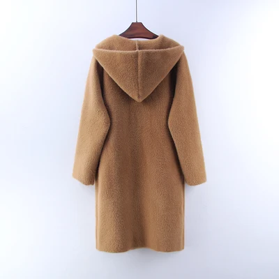 Осенне-зимний теплый норковый кашемировый длинный кардиган, Женское пальто с капюшоном, Повседневный шерстяной вязаный свитер, женское однобортное пальто - Цвет: Camel