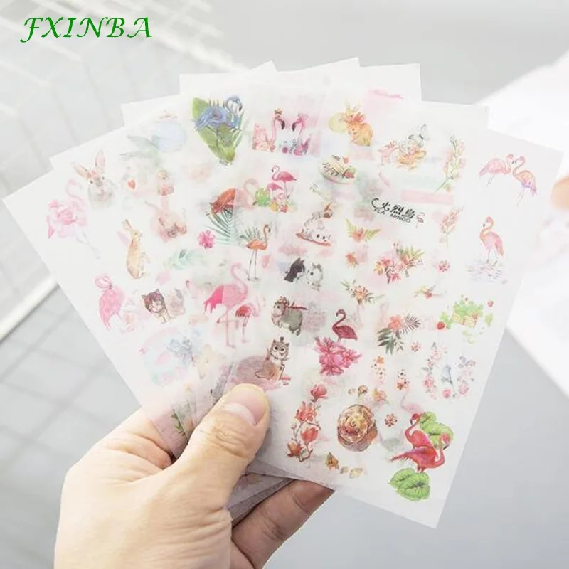 

FXINBA 6Pcs/Set PVC Flamingo Sticker Cute Anime Bird Cartoon Stickers For DIY Scrapbooking Laptop Phone Decoration Kids Toys