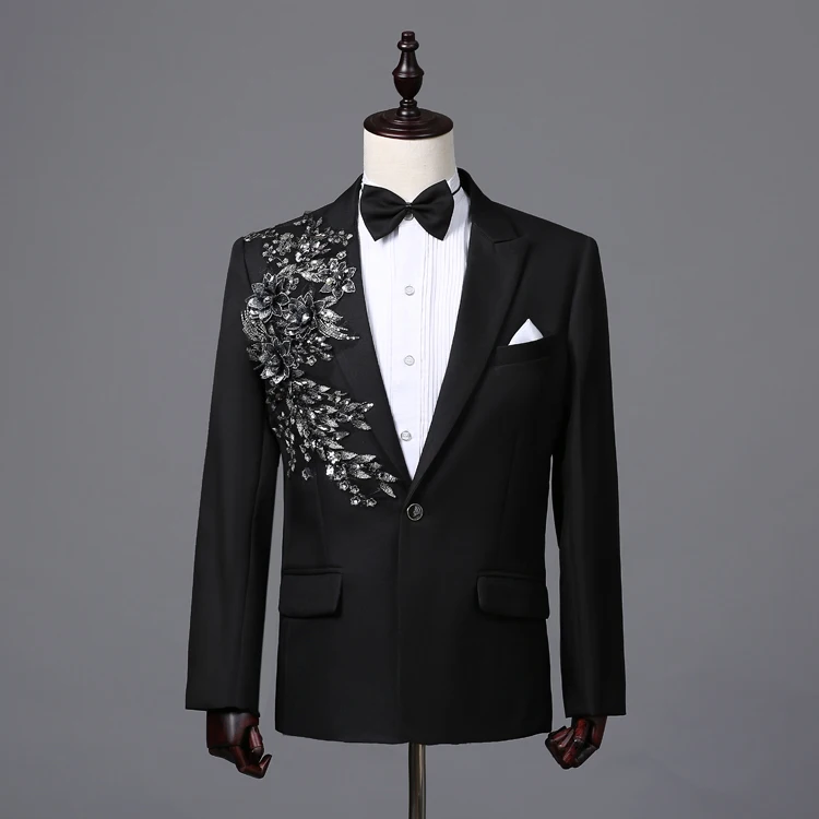 mens black embroidery flower sequins bling tuxedo jacket wedding/stage