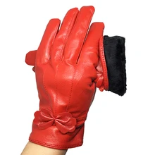 Bow Women's Genuine Leather Gloves RED COLOR Real Sheepskin Finger Touch Screen Gloves Winter Warm Fashion Mittens gloves G12