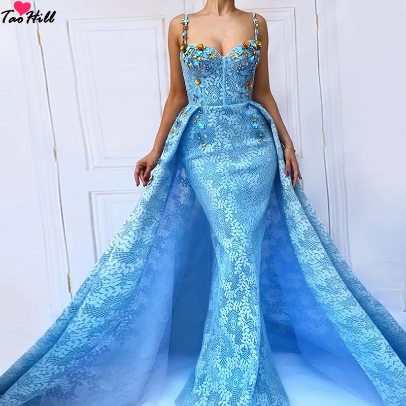 TaoHill Blue Mermaid Avondjurk Spaghetti Sweetheart Hals met Rok Kleurrijke Bloemen Lange Party Dress TaoHill Blue Mermaid Avondjurk Spaghetti Sweetheart Hals met Rok Kleurrijke Bloemen Lange Party Dress