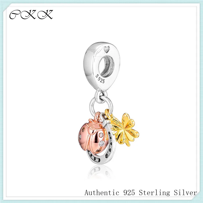 

Fit Pandora Bracelet DIY 925 Sterling Silver Mixed Metal Horseshoe, Clover and Ladybird Hanging Charm 925 Silver kralen PRF054