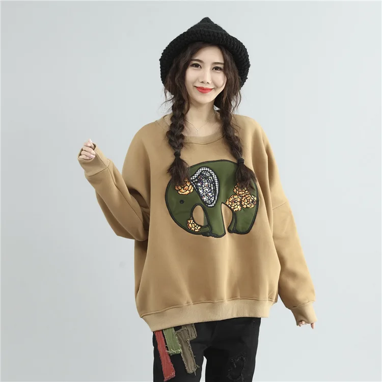 2017 Autumn & Winter Women Oversized T-shirt Korean Loose Embroidery Elephant Cashmere Warm T-shirt XL Black Thick T-shirt