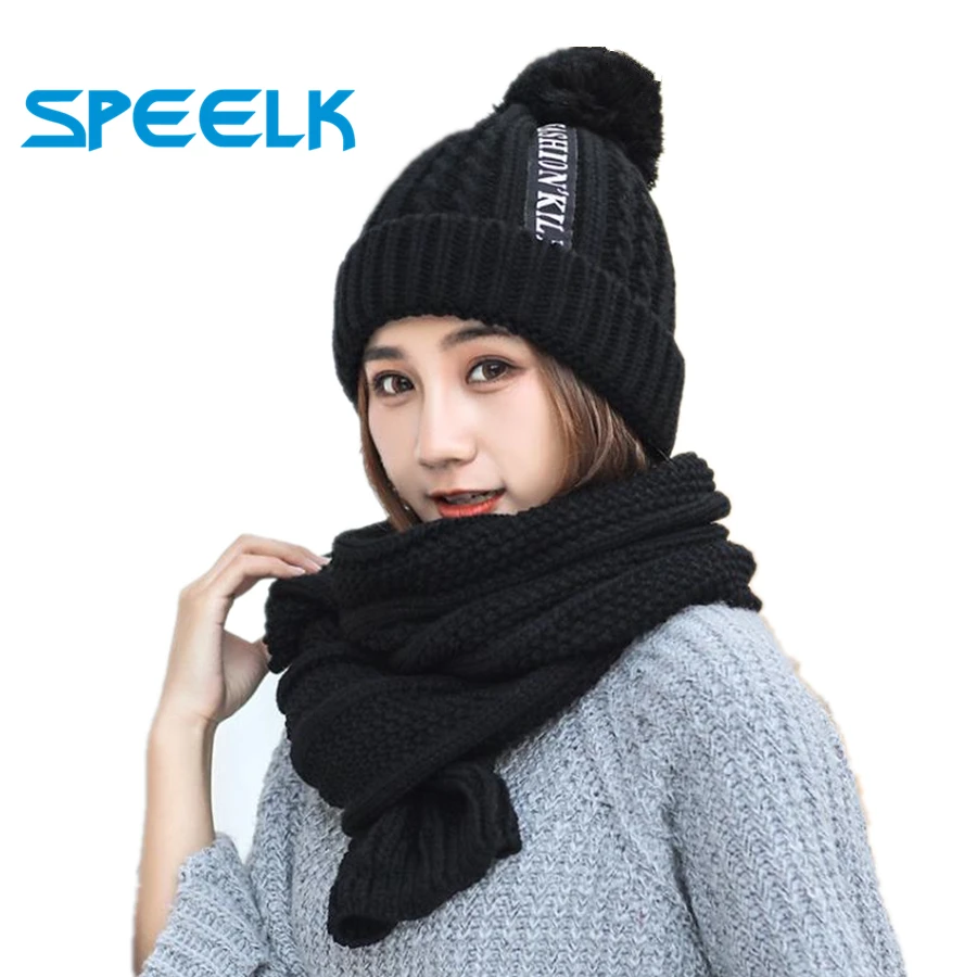 

New Winter Women Hat Scarf Suit Warm Solid Color Beanie Hats knitted Velvet Thick Wool Hat Women Cute Sweet Earmuffs Caps