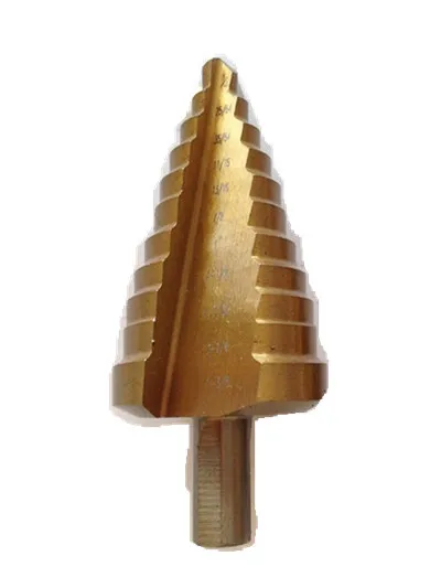 

Fixmee 1/4-1-3/8" HSS Titanium Coated Imperial Cone Hole Cutter 11 Step Drill Bit