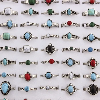 GRAN VENTA ❤️ Anillos de piedra azul y roja Natural estilo bohemio para mujer, Sortija de plata tibetana, talla 16 17 18, joyería para mujer, 10 Uds. - discount item 15% OFF Joyas y complementos