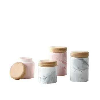 

Marble Ceramic Seal Jar Nordic Exquisite Wooden Cover Sealed Cans Multifunction Kitchen Tea Sugar Nut Cosmetic Brushes Holders