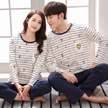 

Brand New Cotton Couple Pajamas Striped Sleepwear Women's Pajama Sets Pijamas Mujer Lover Pyjamas Homewear Plus M-3XL Clothing