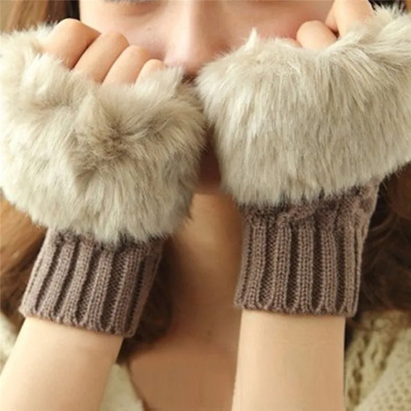 Wool Knitted Womens Heated Fur Gloves 2017 Winter Warm Fleece