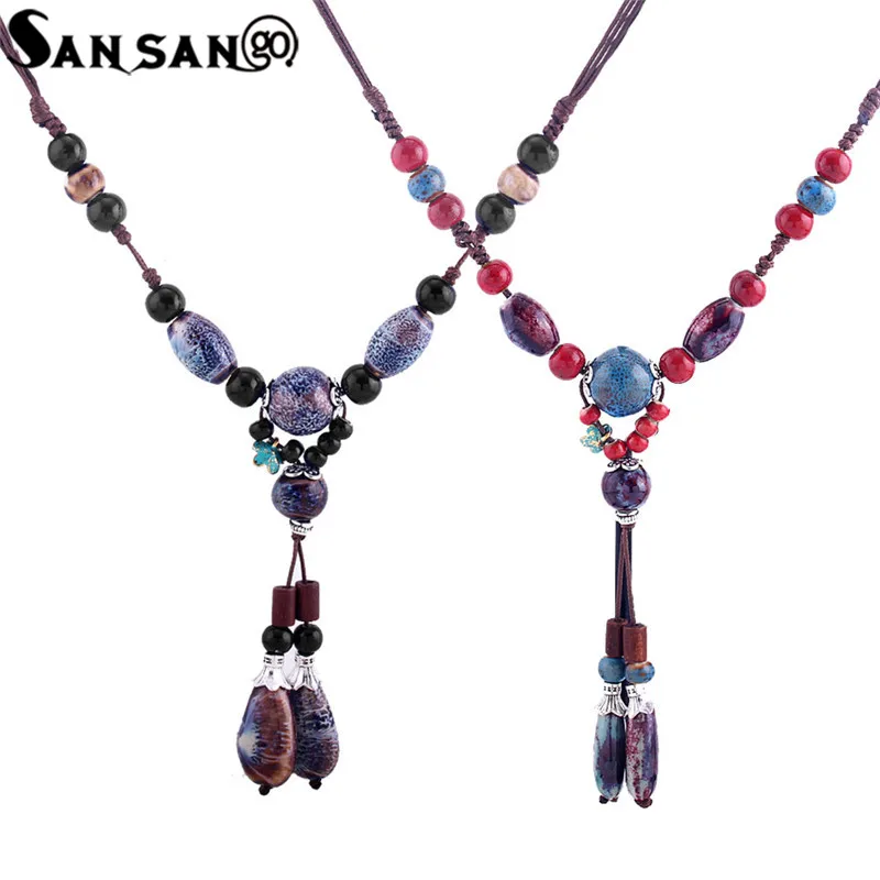 

Handmade Vintage Style Colorful Ceramic Stone Bead Pendant Necklace Long Sweater Chain Necklace Jewelry For Female
