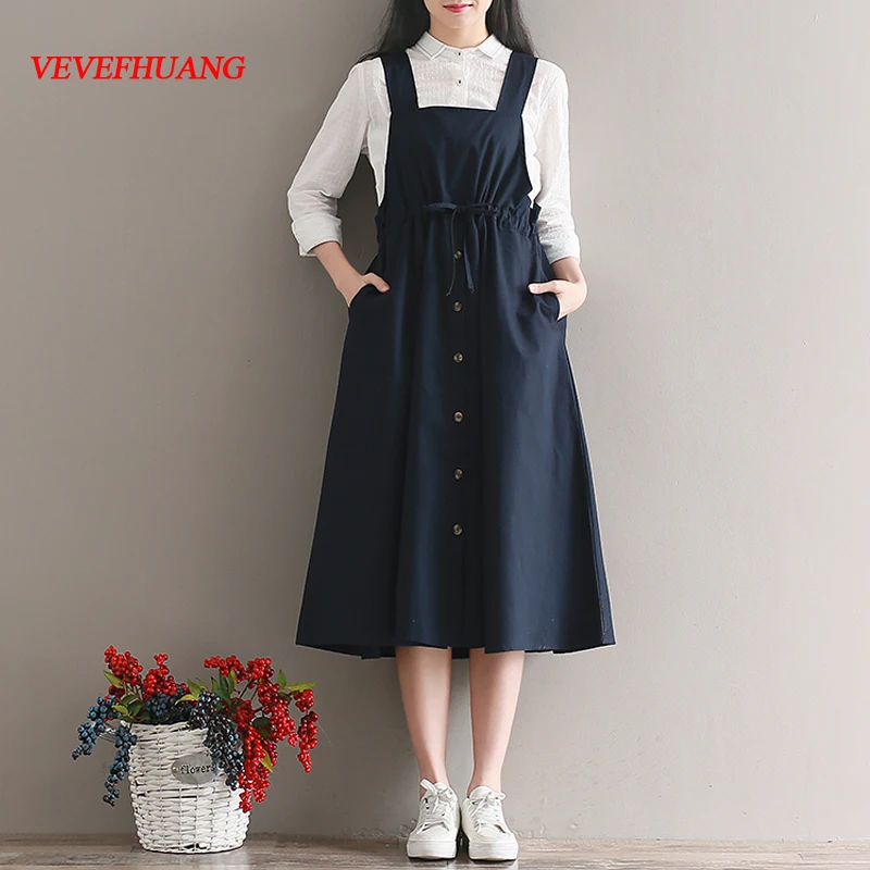 

2018 Spring Summer Women Sleeveless Vintage Dress Navy Blue Cotton Linen Casual Loose Vestidos Spaghetti Strap Female Dress 2XL