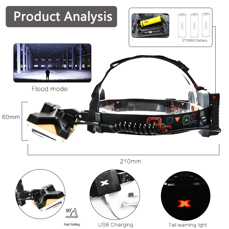 Comprar Faro LED COB de alta potencia, lámpara de cabeza recargable USB, luz blanca y roja y azul, Faro de 3 modos, iluminación impermeable de caza